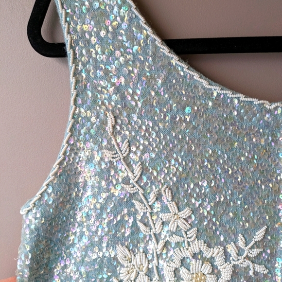 Vintage Regalia Imports Sequin Tank White Floral Beads on Blue Wool L - Picture 4 of 16